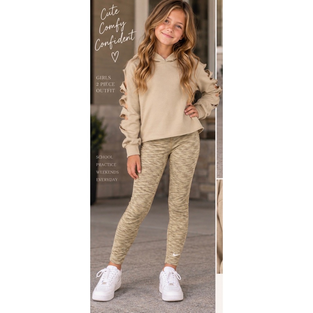 Girls Joyfolie Mia Joy Cutout Hoodie Nike Dri-FIT Leggings Outfit Tan Size 10/12